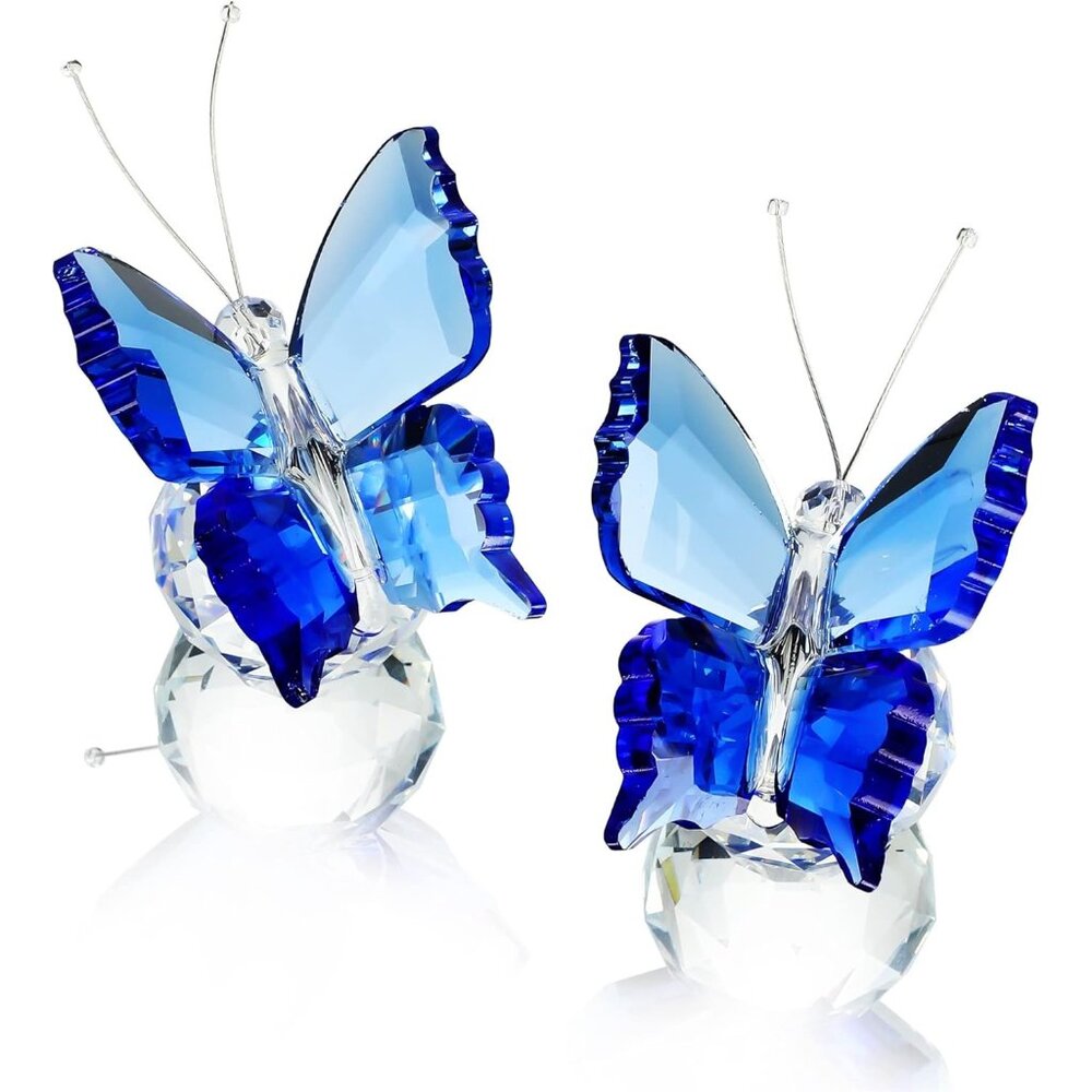 2 Pcs Crystal Butterfly Figurines with Clear Blue Glass Base Home Decor Gifts